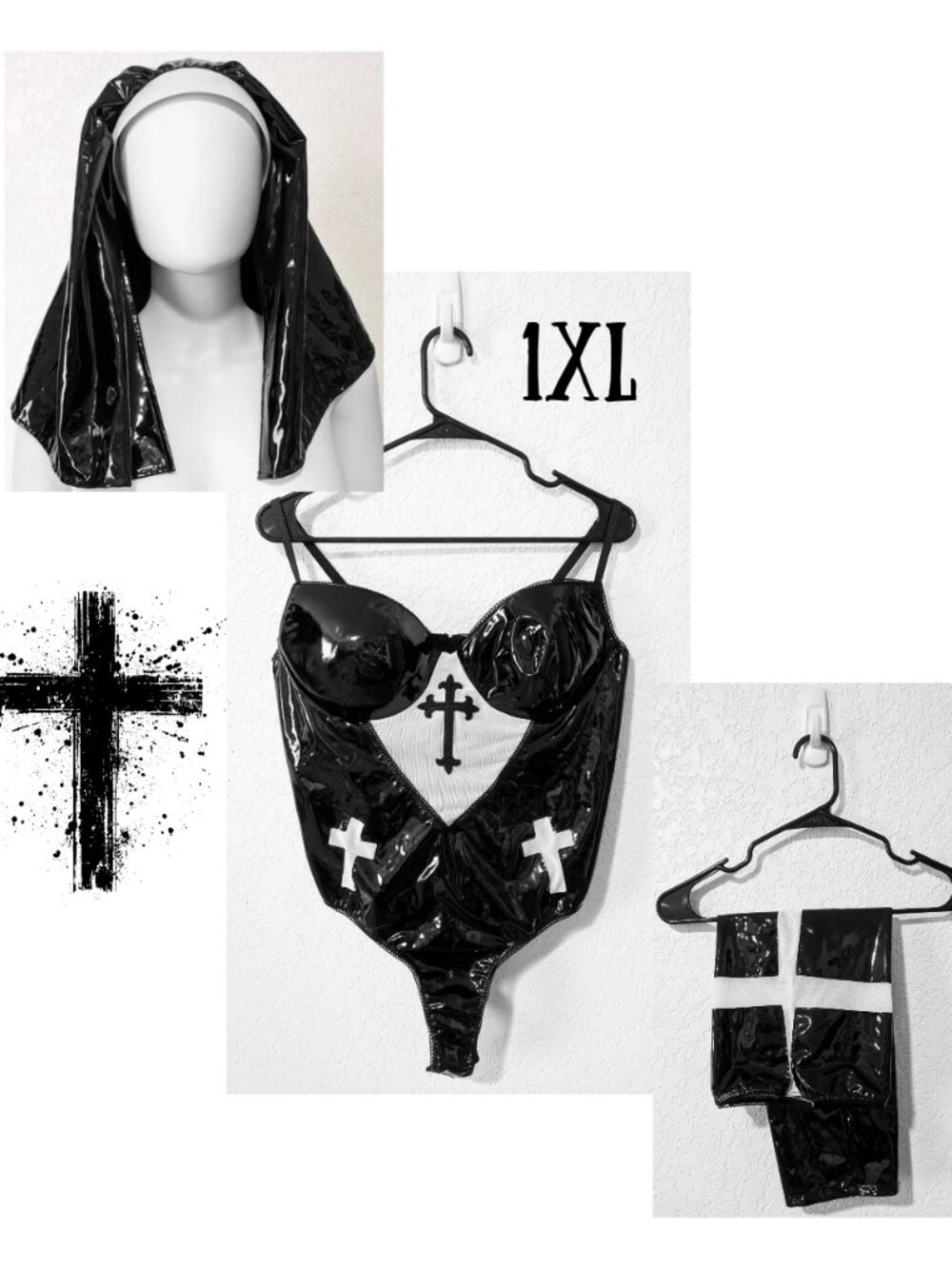 Fashion Nova Sexy Nun Costume 1XL Black PVC Kink Goth Halloween Cosplay Set